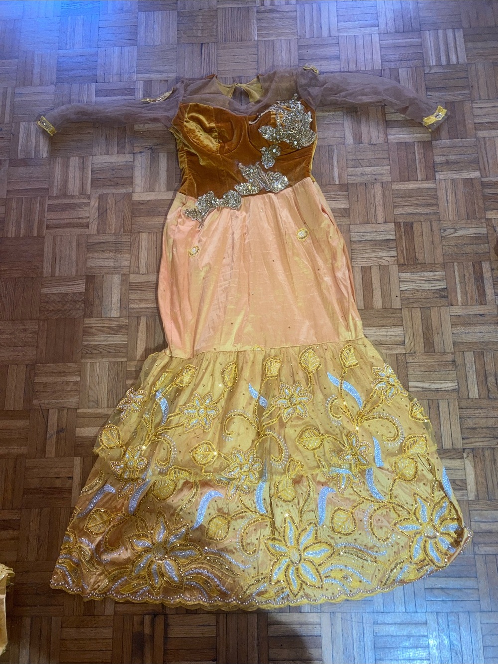 Womens Long Sleeve Embellished Gold and Peach Party Dress
